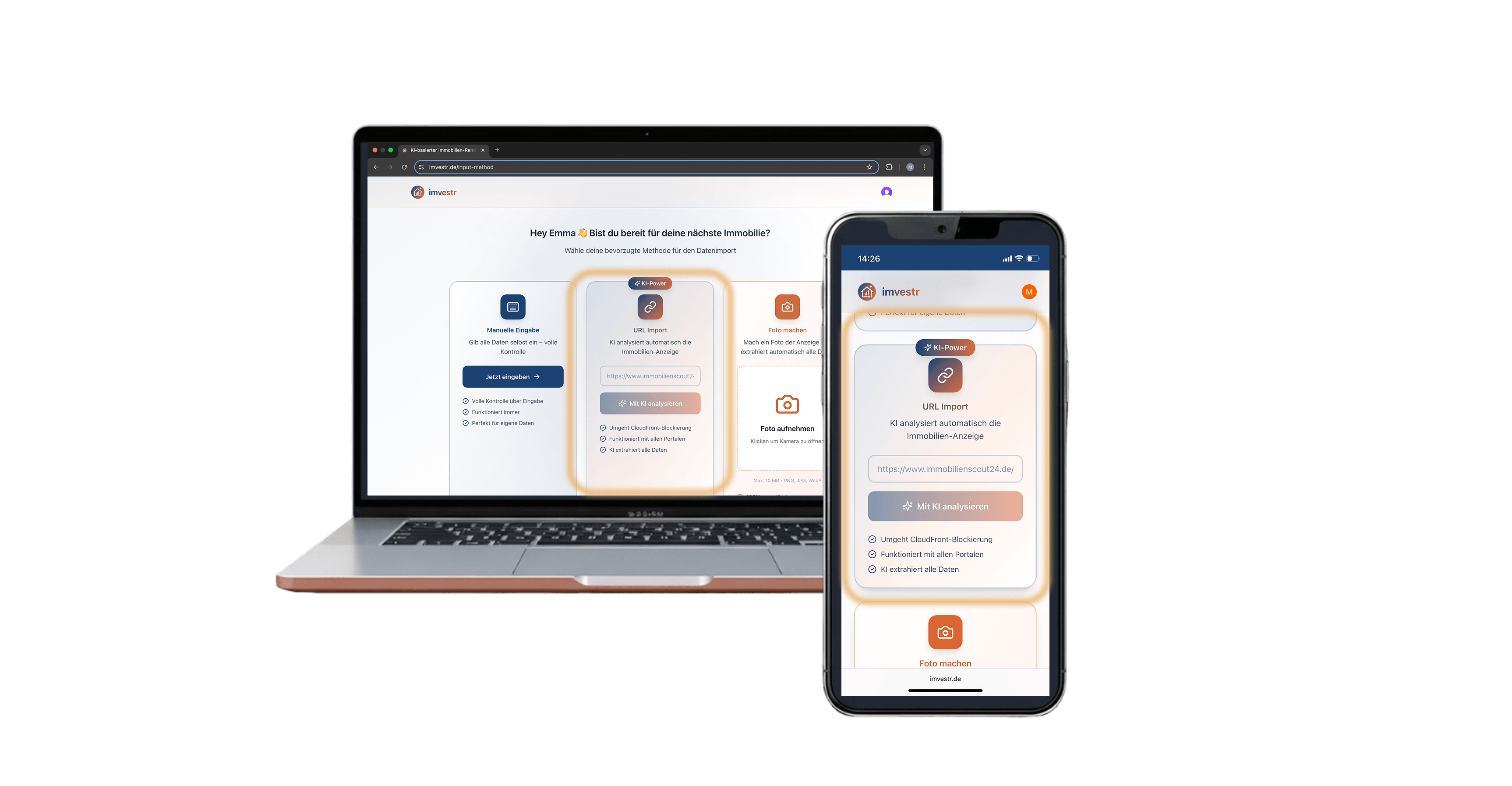 URL-Import: Link einfügen – Preis, Fläche, Miete & Adresse werden erkannt.