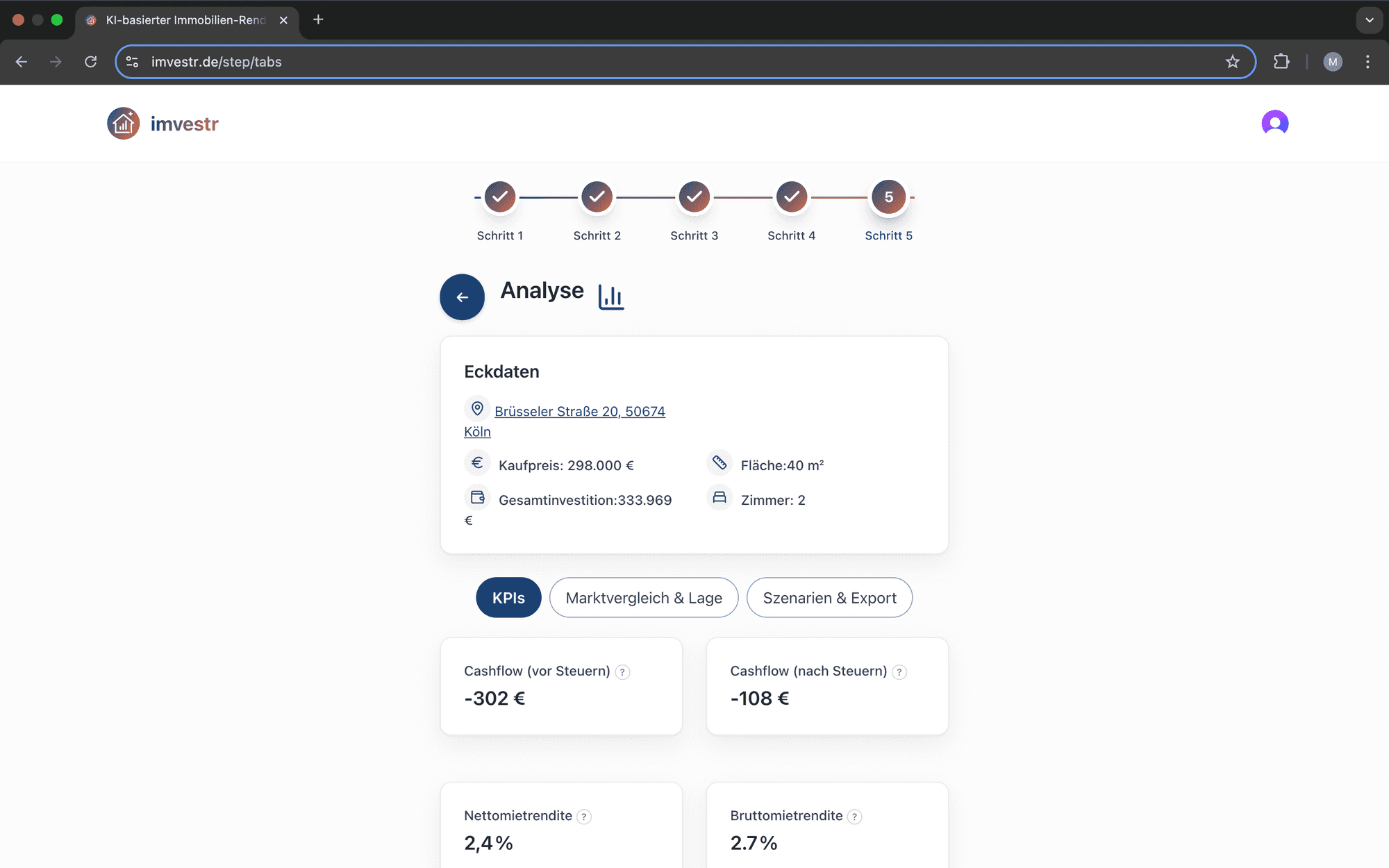 Schritt 2: Kennzahlen & Analysen - Cashflow, Nettorendite, DSCR in Sekunden.