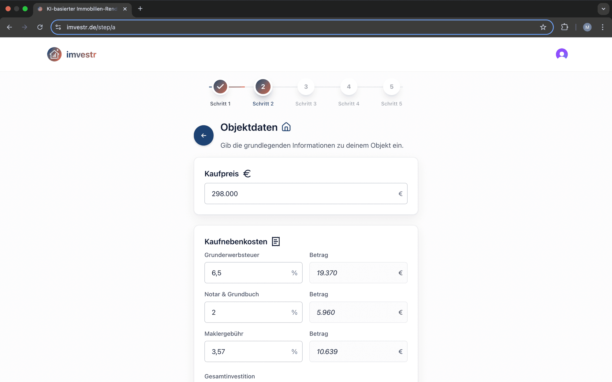 Schritt 1: Objekt angeben - Adresse und Eckdaten zur Immobilie angeben.
