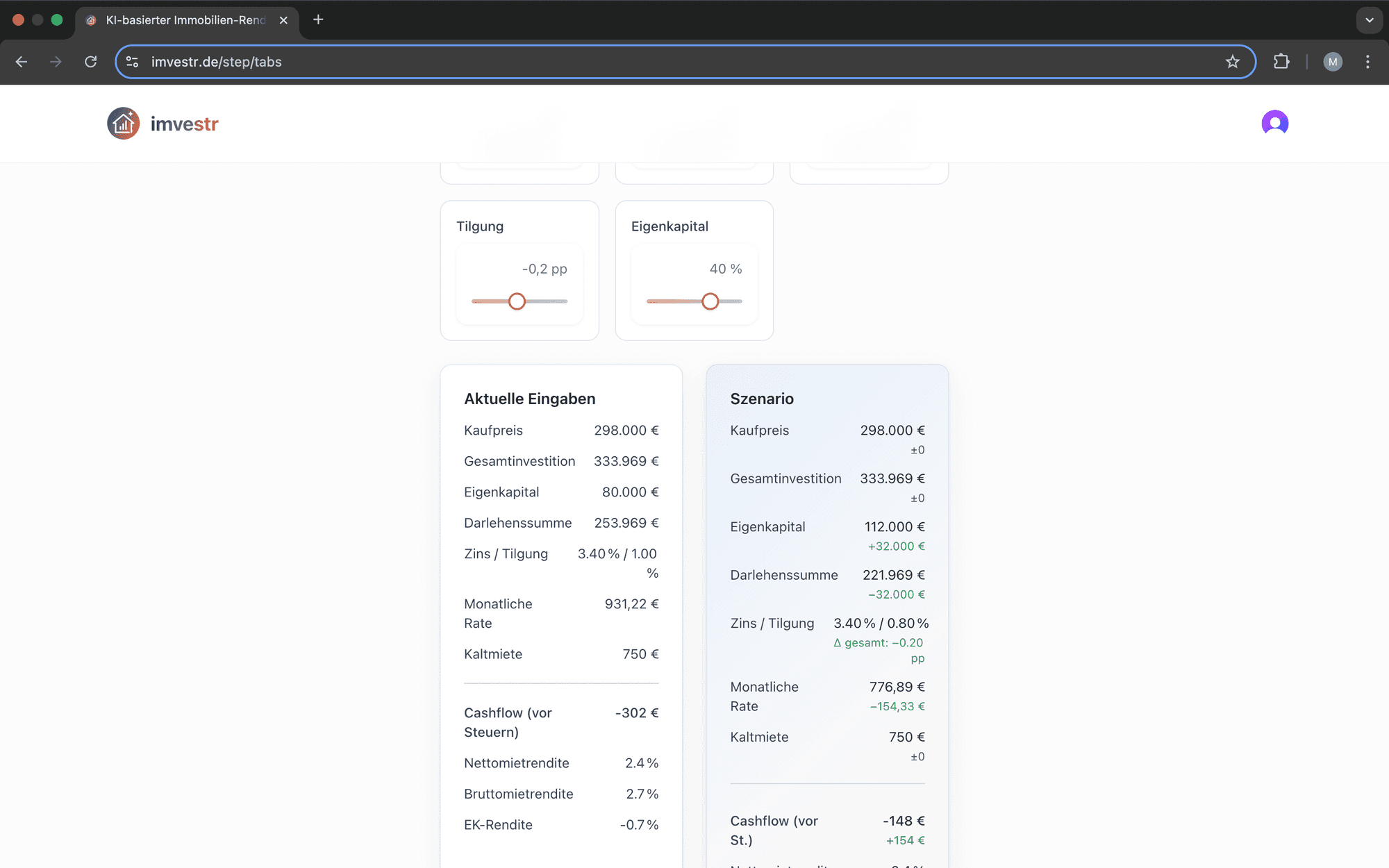 Schritt 3: Szenarien testen - Miete, Zins, EK variieren – Effekt live sehen.